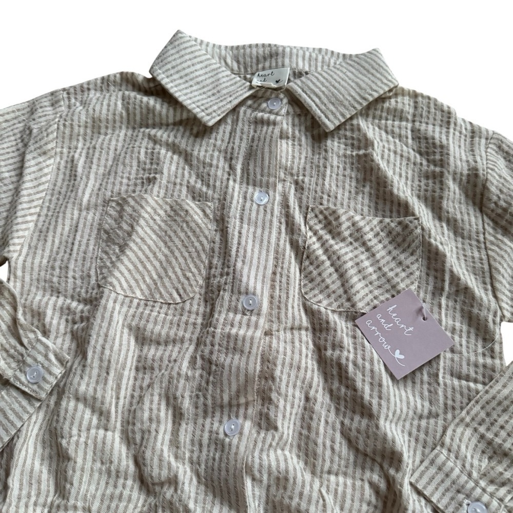 Heart and Arrow Beige Striped Shirt Button Up Cropped Girls 10-12 NWT - Picture 5 of 8